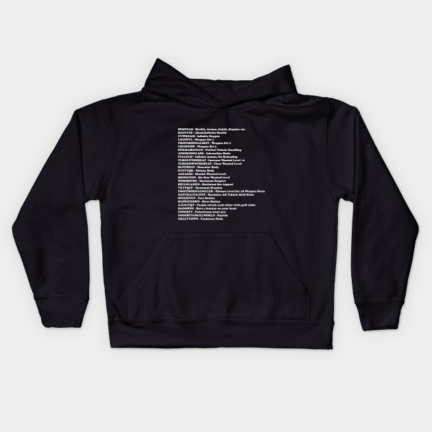 GTA San Andreas Cheat Sheet Kids Hoodie by Berlinius